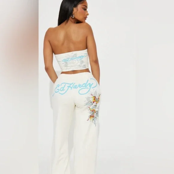 Ed Hardy Cream Tube Top/Sweatpant set with Colorful Butterfly Design - Picture 3 of 6